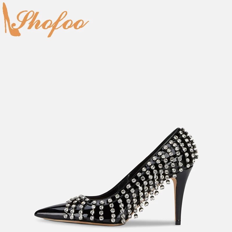 

Black Crystal Fringe Stiletto High Heels Pointed Toe Women Pumps Slip On Big Size 14 15 Ladies Summer Fashion Party Shoes Shofoo