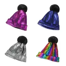 Вязаная цветная блестящая Шапка-бини, зимние шапки с помпоном для женщин, меховая шапка с помпонами для девушек, теплые шапочки Skullies Beanies