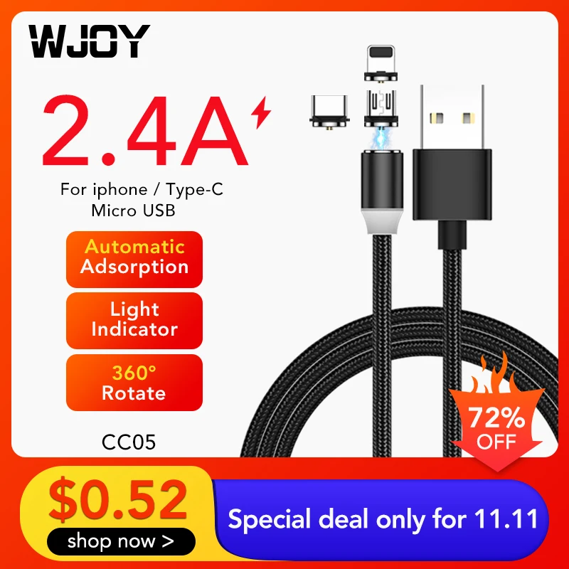 WJOY Магнитный кабель для быстрой зарядки Micro USB Type C магнитное зарядное устройство