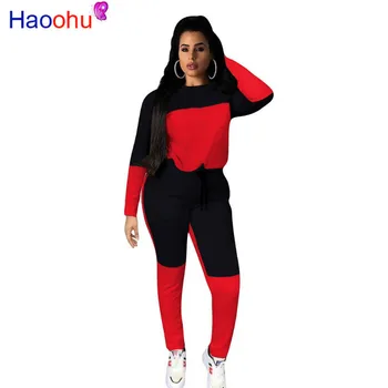 

HAOOHU 2 Piece Set Women Tracksuit Patchwork Fall Winter Outfits Long Sleeve Top and Pants Sweat Suit Two Piece Matching Sets