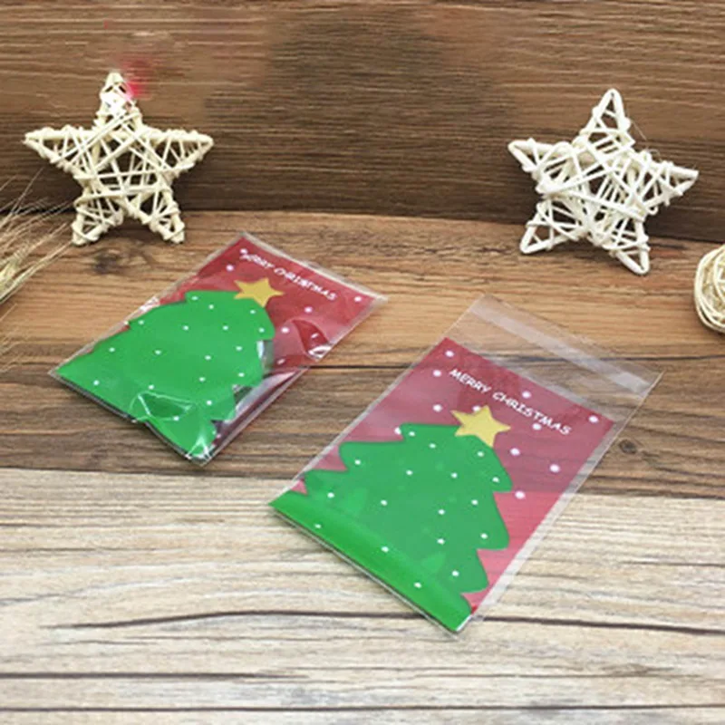 100 шт рождественские пакеты для печенья прозрачные красные синие Рождественские елки Самоклеющиеся сумки подарочная упаковка «сделай сам» сумка для детей