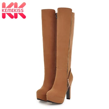 

KemeKiss Women Knee High Boots New Platform Winter Shoes Women Fashion Zipper Sweet Daily Work Thick Heel Footwear Size 32-47