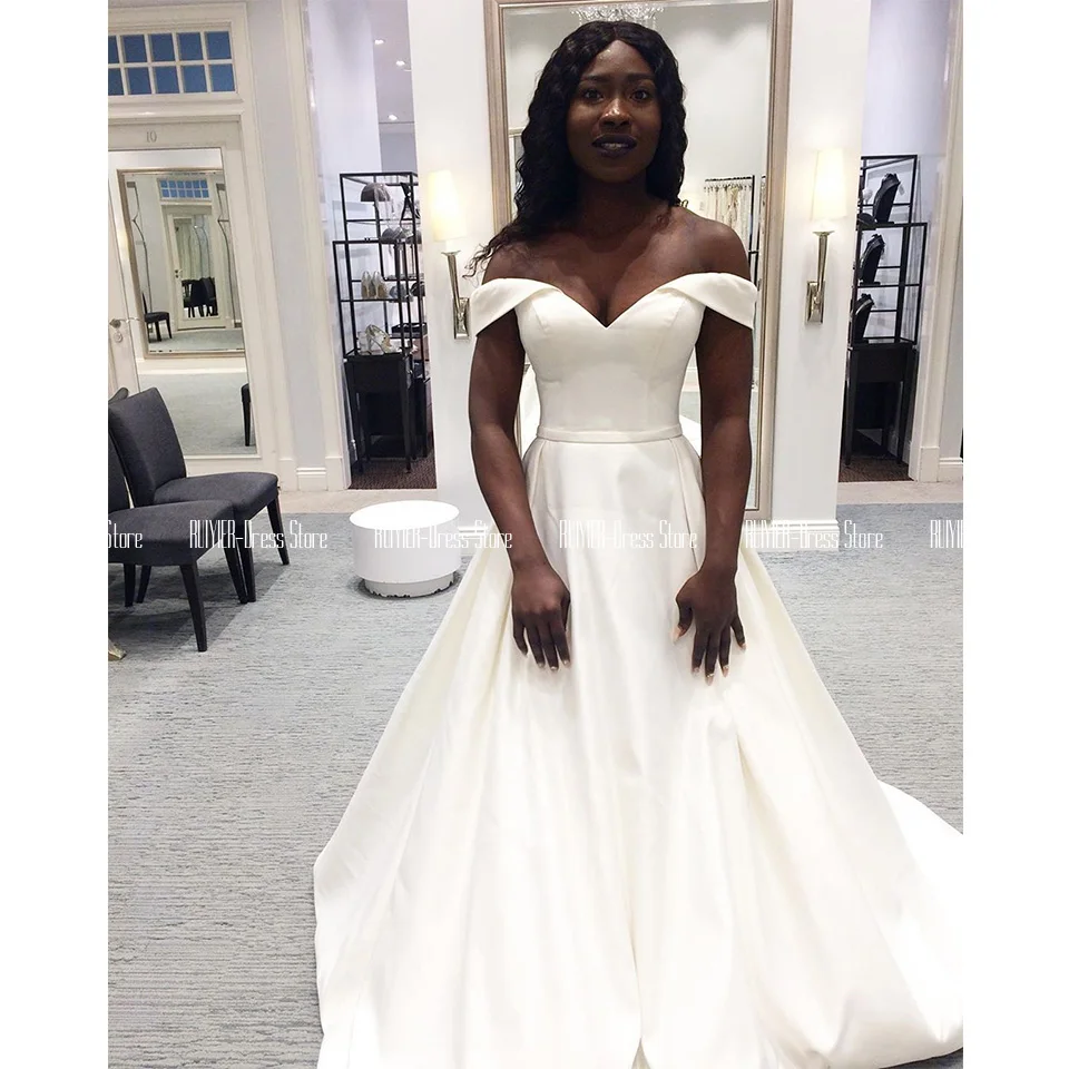 

Satin African Wedding Dresses White Off The Shoulder Bridal Gowns Lace Up Floor Length A Line Wedding Gowns Vestidos De Novia