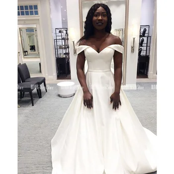 

Satin African Wedding Dresses White Off The Shoulder Bridal Gowns Lace Up Floor Length A Line Wedding Gowns Vestidos De Novia
