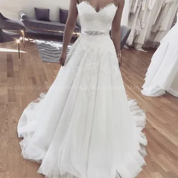 

Elegant A-line vestido de noiva Sweetheart Lace Appliques Wedding Dresses With Diamonds Belt Chapel Train robe de mariée