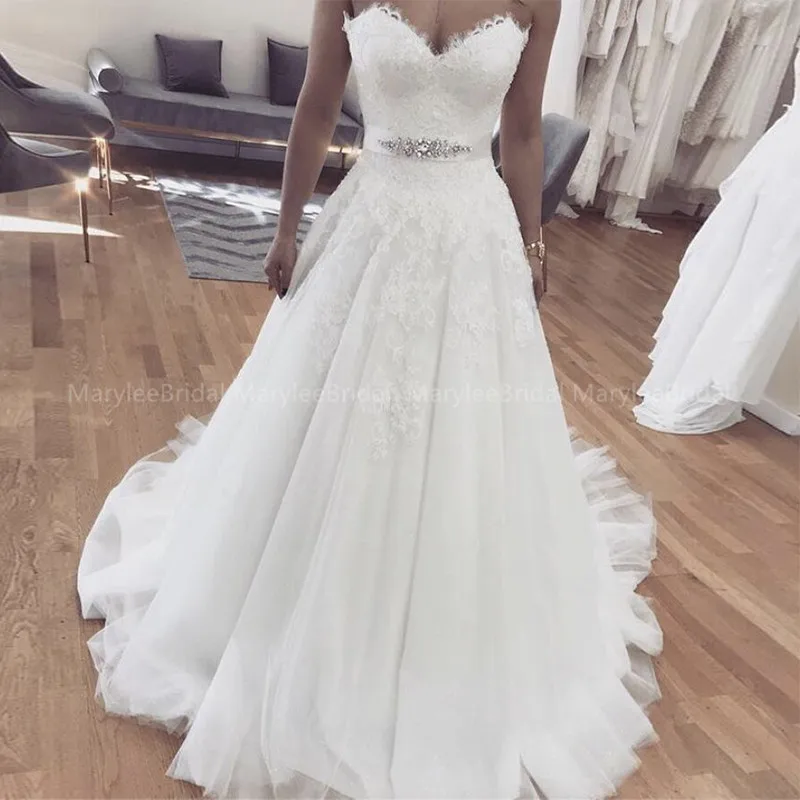 Sweetheart A-Line Women Wedding Dress With Rhinestone Diamonds Belt Elegant Lace Applique Plus Size White Bridal Gowns Vestidos | Свадьбы и