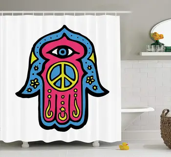 

Hamsa Shower Curtain Hippie Boho Hamsa Hand of Fatima with Peace Sign in The Palm Ethnic Asian Art Fabric Bathroom Decor Set