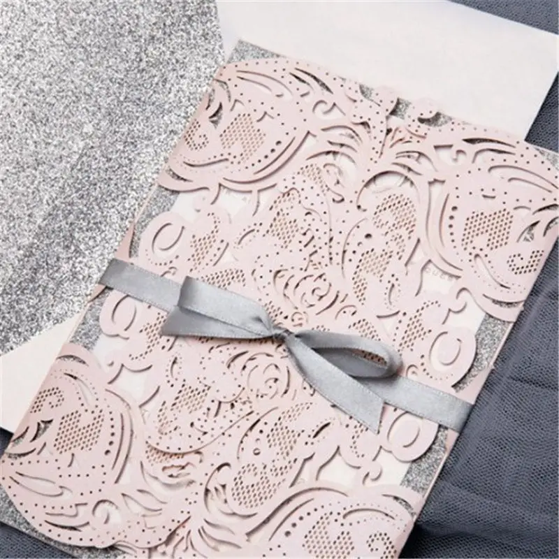 1pcs pink white Elegant Laser Cut Luxury Wedding Invitation Cards European invitation hollow creative high-end wedding party sup - Цвет: Ribbon