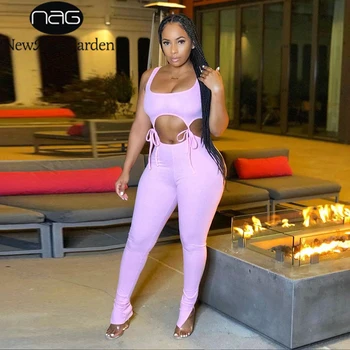 

NewAsia Hollow Out Sport 2 Piece Set Women Drawstring Crop Top And Split Flare Pant Suit Solid Matching Sets Summer Clothes 2020