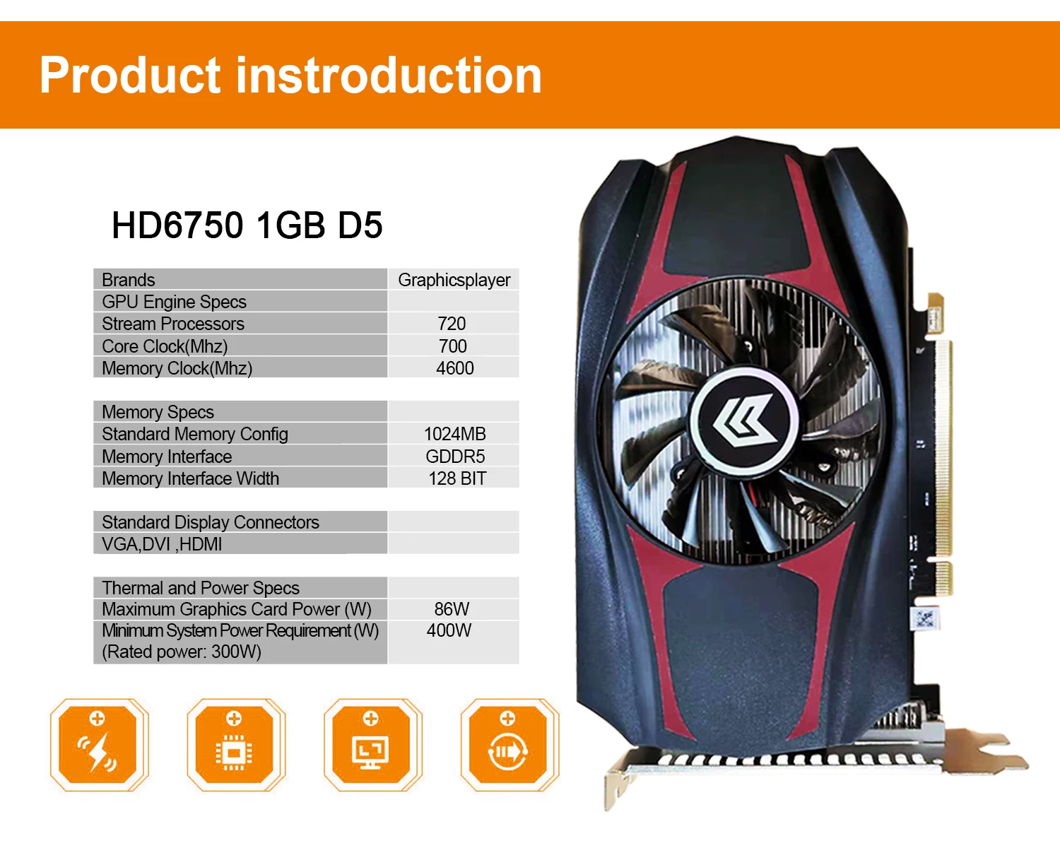 Видеокарта HD6750 1 ГБ/1024 МБ 128 бит GDDR5 для AMD ATI HD6700 серии
