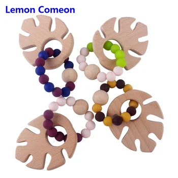 

Baby Nursing Teether Bracelet Wood Ring Beech Leaf Silicone Beads Bracelet Hand Weave Bracelet Organic Infant Neutral Gift Toys