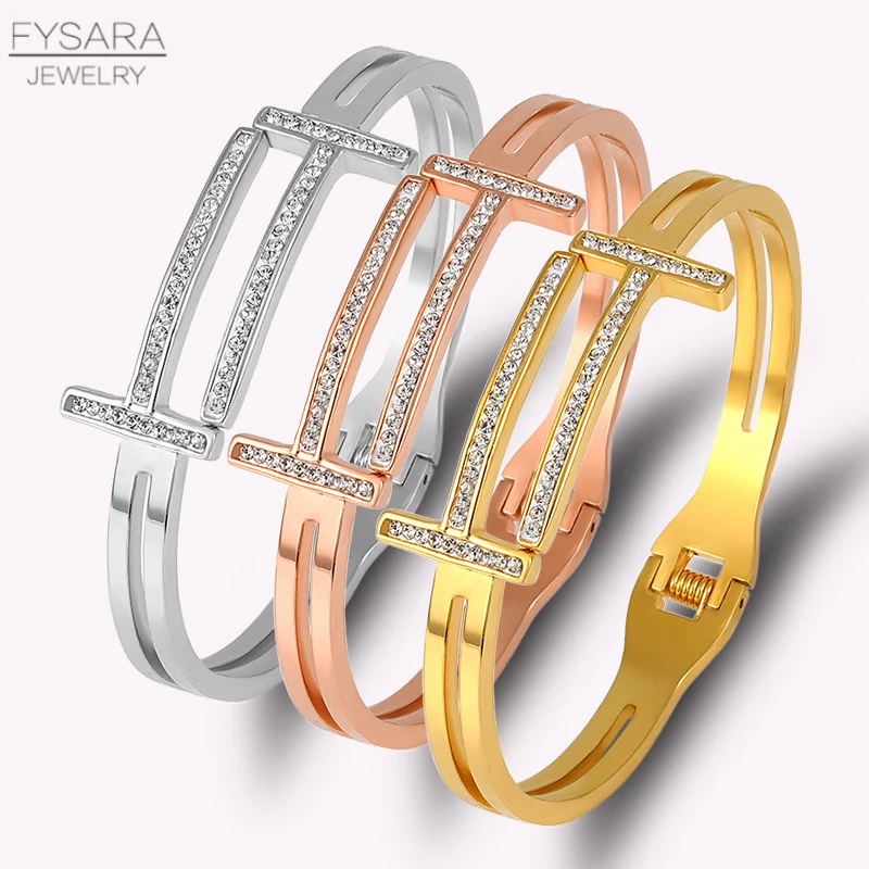 Бренд FYSARA, T браслеты-манжеты, браслеты для женщин, нержавеющая сталь, трендовые ювелирные изделия, золотой цвет, CZ Кристаллы, буквы, браслеты на Рождество