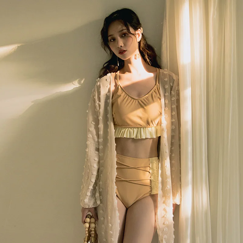 

20 Years Bathing Suit Women's Split Type Long Sleeve Blouse Belly Covering Slimming INS-Style Students Bikini Spa Resort Swimwea