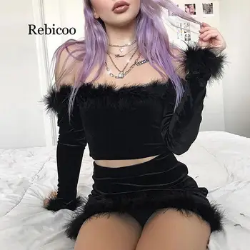 

2 Piece Women Black Fur Suit Cute Feathers Set Long Sleeve Off Shoulder Shirts High Waist Package Hip Skirts Two Piece Party Set