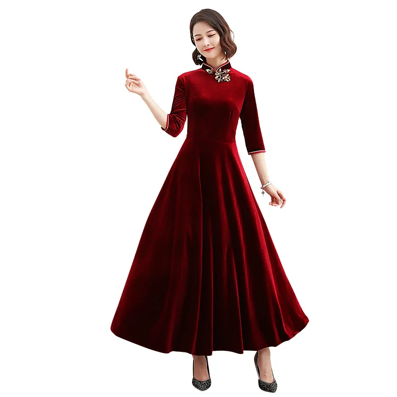 

New Arrival Vintage Aodai Solid Color Velour Cheongsam Bride Wedding Dress Gown Mandarin Collar Autumn Sexy Long Elegant Qipao