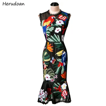 

Herudoan Fashion Runway Summer Midi Dress Women Sexy Hollow Out Flower Parrot Embroidery Black Mermaid Party Bodycon Dress