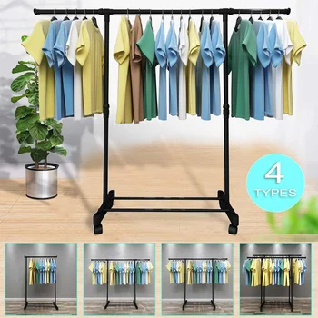 

4 Types Coat Rack Black Steel Simple Assembly Removable Wheeled Bedroom Clothes Hanger Drying Furniture Clothes Hanger Stand New