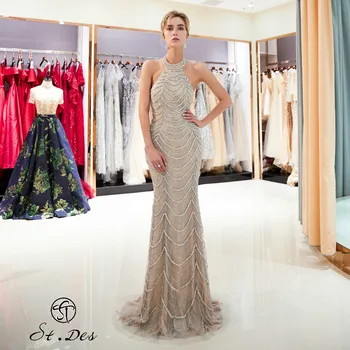 

NEW 2020 St.Des Mermaid Halter Slive Gray Beading Sleeveless Russian Floor Length Evening Dress Party Dress
