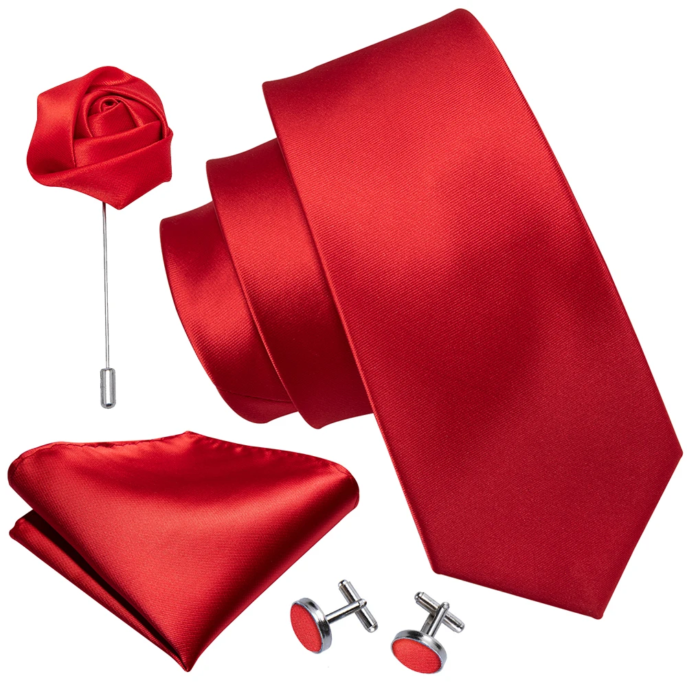 

Red Solid Men Tie Wedding Silk Necktie Brooch Handkerchief Cufflinks Set Fashion Designer Tie For Men Groom Gift Dropshipping