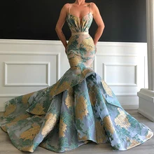 

Sexy Mermaid Spaghetti Straps Floral Print Dubai Formal Evening Gowns Long Elegant Arabic Women Evening Dress 2020