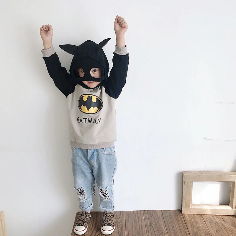 Новинка; толстовки для мальчиков; топы с длинными рукавами и принтом с героями мультфильмов; детская хлопковая маскарадная футболка капитана США «Человек-паук», «Бэтмен» MB523
