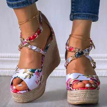 

Summer 10cm High Heels starw platform silk Wedges Sandals women Brand Design Pumps Female Satin Strap Heels 2020 Summer Shoes