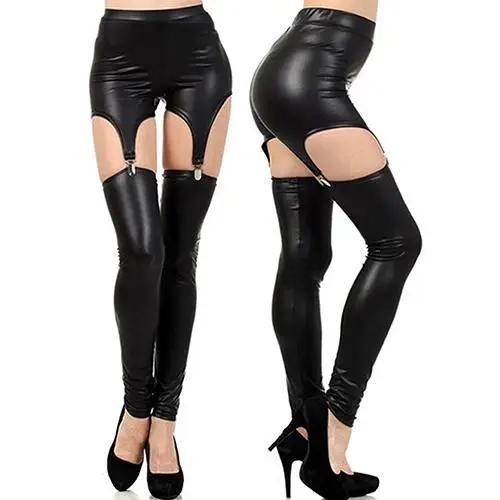 New Sexy leggings with suspenders for women faux leather suspender leggings buckle waist garter