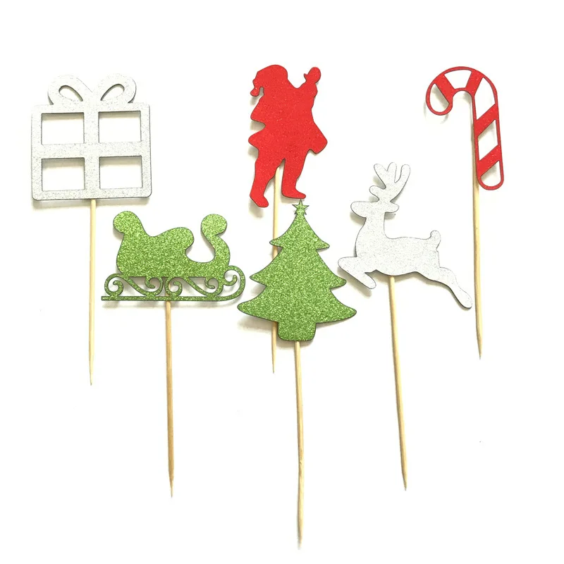 6 шт. рождественские блестящие топперы для кексов Санта-Клаус Олень сани Топпер