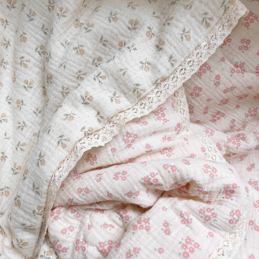 Korean Floral Lace Muslin Kids Baby Bed Quilt Cotton Gauze Children Infant Dolls Bedding Quilts Blanket Girl Princess Quilts