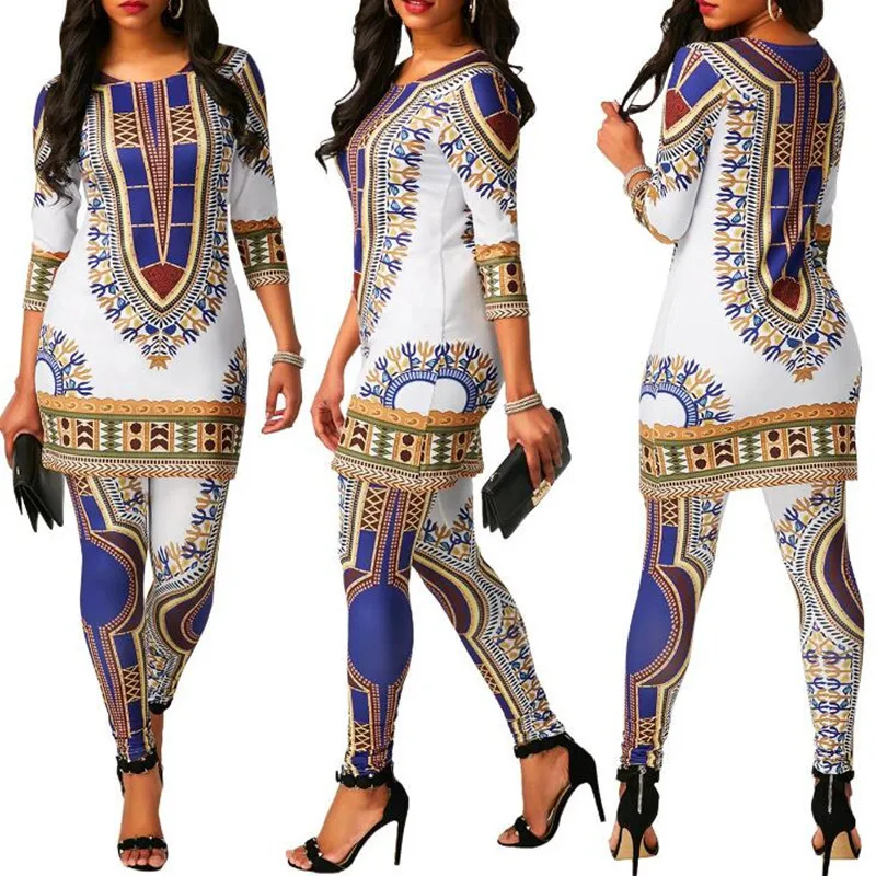

2019 New Traditional African Dashiki Fashion Pants Suit Women Printed Tops+Trousers Two Piece Set For Lady Elastic Party Clothes