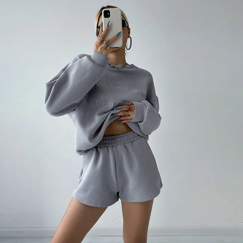 Sportswear Loose Round Neck Sweater Sweatshirt Women Long Sleeve Top 2021 Autumn Casual Shorts Set Two-piece Suit Korean MDG2 |