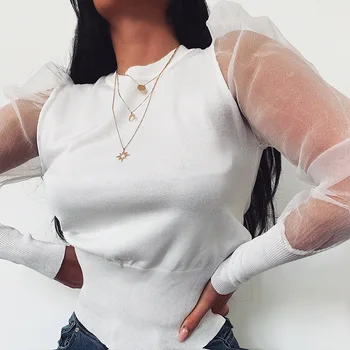 

Fashion Sweaters 2020 Summer Spring Clothes Women Mesh Puff Sleeve Pullovers O-Neck Computer Knitted Casual girls sweaters