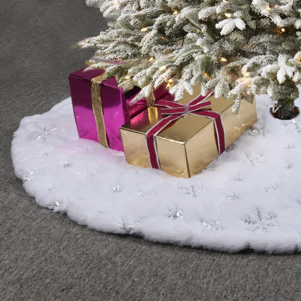 OHEART 122 см Искусственный мех Рождественская елка юбка плюш белый ковер со снежинками блестки украшения для рождества, Нового года, дома, вечерние
