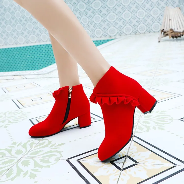

Big Size 9 10 11 12 boots women shoes ankle boots for women ladies boots shoes woman winter Wedged heel side zipper flower