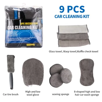 

9Pcs Car Cleaning Kit Tools Microfiber Towel Detailing Car Wheel Brush Waxing Sponge Combination Car Cleaning Tools Kits