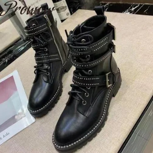 

Prowow New Genuine Leather Metal Studded Punk Boots Rouns Toe Lace Up Buckle Strap Ankle Boots Shoes Women