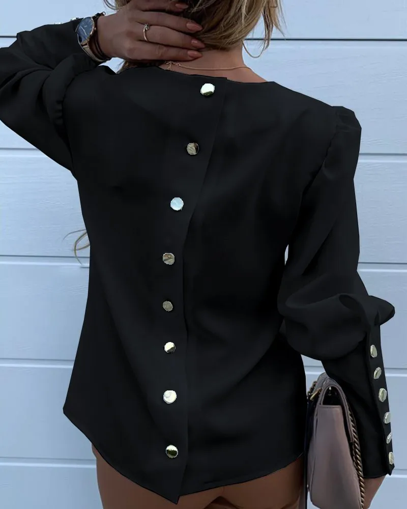 Solid Metal Buttoned Detail Casual Blouse