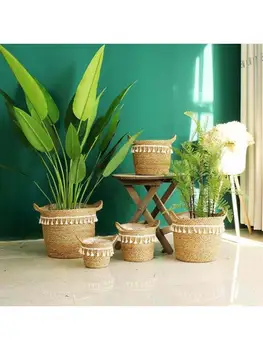 

Nordic Handmade Straw Laundry Picnic Toy Storage Basket Tassel Macrame Woven Flower Pot Plant Container Decoration