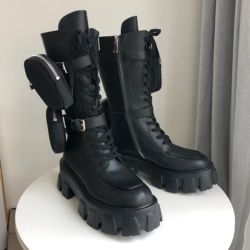 Новое поступление; стильные мотоботы с карманами; красивые черные военные ботинки на шнуровке и толстой подошве; полуботинки; зимние ботинки