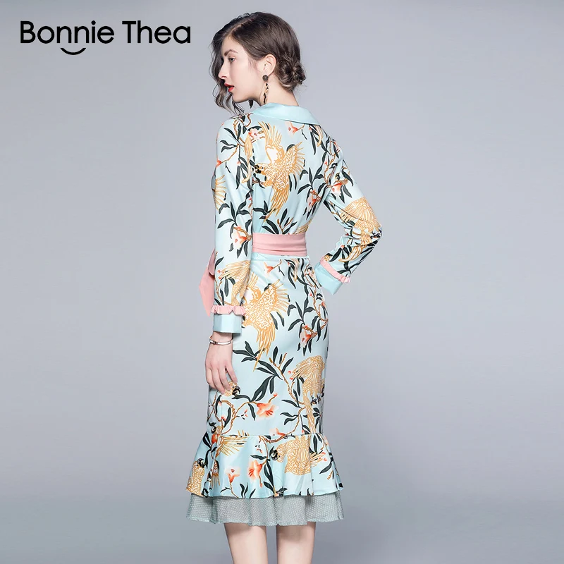 Bonnie Thea женское осеннее синее платье с принтом элегантное тонкое платье с рыбьим хвостом женские вечерние платья с логотипом