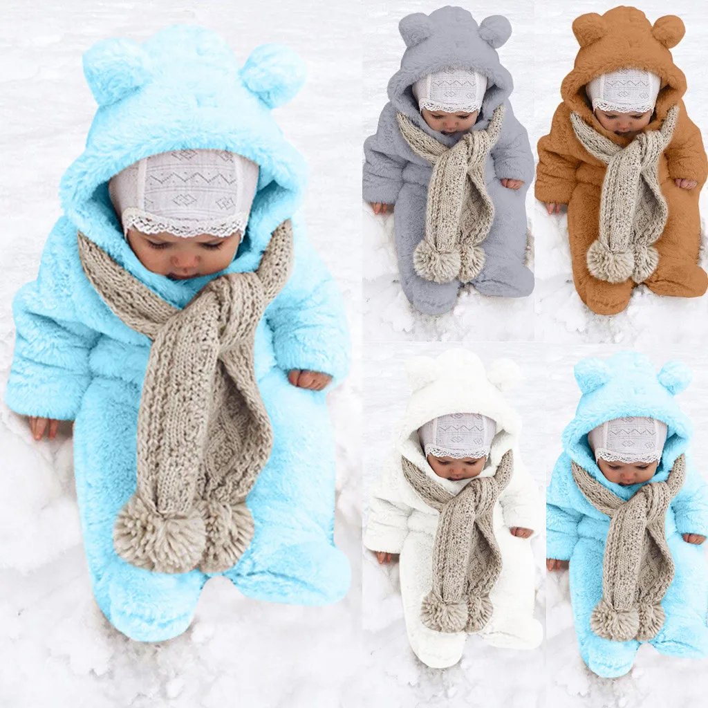 

2020 Baby Clothes Solid Ear Hooded Romper Baby Girl Clothes Solid Full Sleeve Zipper Winter New Born Baby Clothes Roupa Infantil