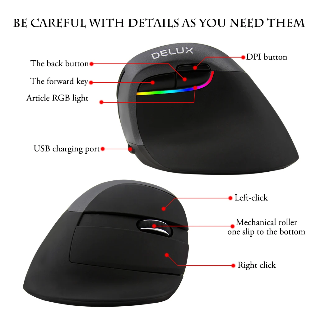 Delux M618 мини беспроводная Bluetooth 4,0 Двухрежимная перезаряжаемая эргономичная Вертикальная мышь 2400 dpi оптическая RGB игровая мышь