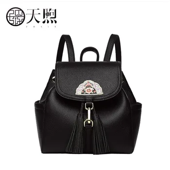 

Pmsix New Women Genuine Leather Backpack real Leather backpack women retro cowhide embroidery tassel ladies backpack