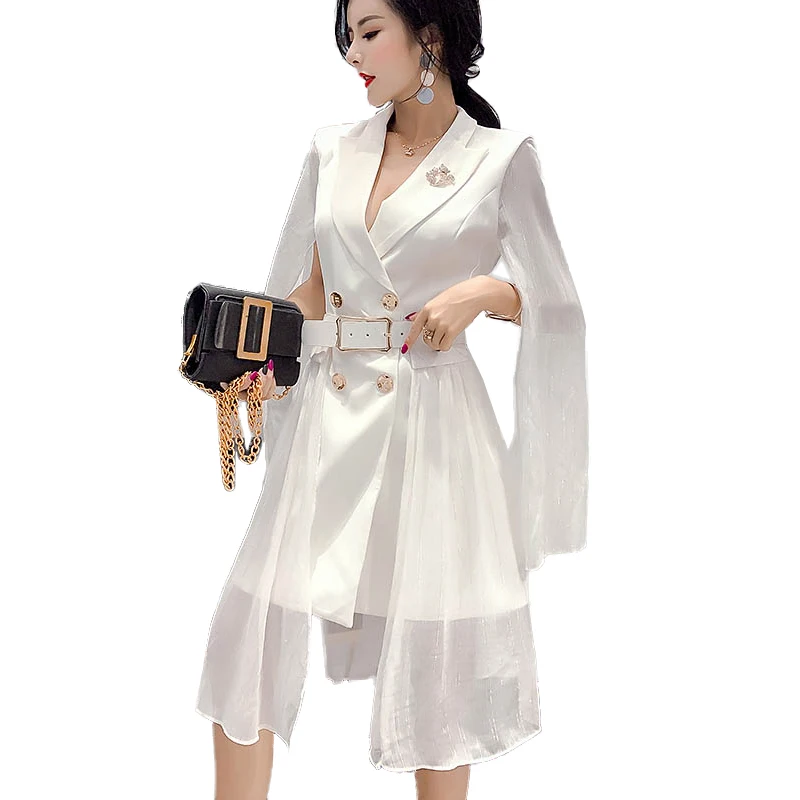 

Chic Vintage cloak Blazers Women Notched Suit Jackets with belt Plus Size office lady Double Breasted Coat blazer feminino