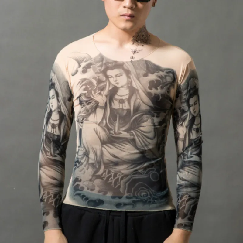 Мужские футболки с длинными рукавами в стиле панк, темные, модные, для ночных клубов, обтягивающие, летние, ультратонкие, быстросохнущие татуировки - Цвет: see chart