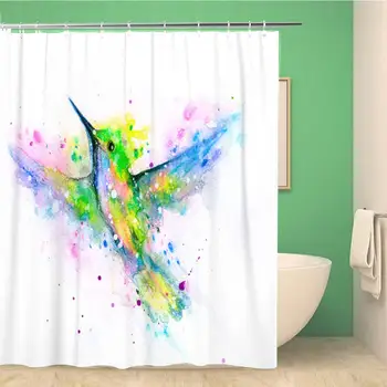 

Bathroom Shower Curtain Blue Splash Watercolor Hummingbird Splashes and Drops Colorful Animal Waterproof Bath Curtain Set with