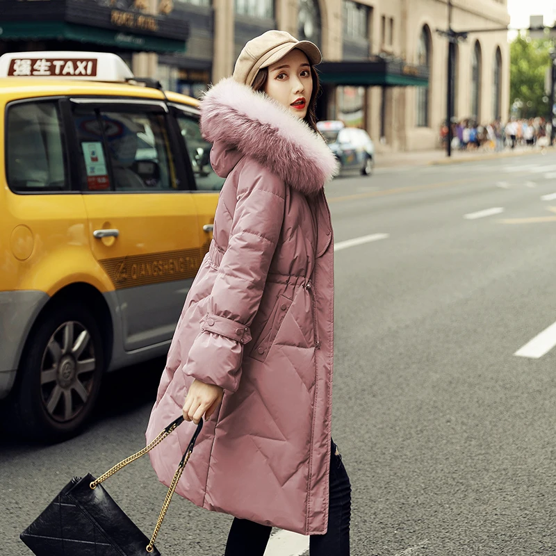 Fashion Fur Collar Hooded Warm Coat Women Down Jacket Long Parkas New Winter Loose Coat Female Overcoat WM175 - Color: pink