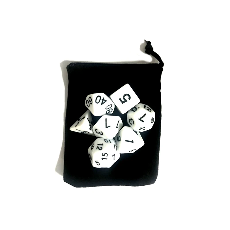 White dice Black bag 7 шт./лот Dice набор с бархатной сумкой D4, D6, D8, D10, D10%, D12, D20 красочные аксессуары для настольной игры, DnD, RPG GYH - Цвет: White dice Black bag