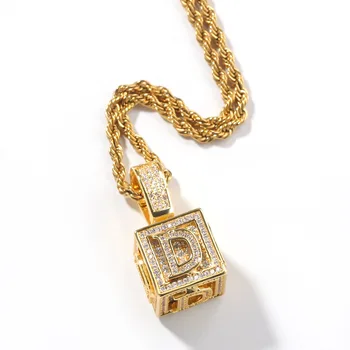 

Men Gold Stainless Steel Inlaid Zircon Dice Box 26 English Letters Ice Out Cuban Pendant Hip Hop Men Necklace