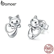 Коллекция BAMOER Cat, 925 пробы, серебряные, липкие, кошачьи, животные, маленькие серьги-гвоздики для женщин, модные ювелирные изделия из стерлингового серебра SCE450